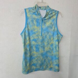 18 Birdies Women's Sleeveless Palm Leaf Print Golf Polo Shirt Blue Yellow Size M